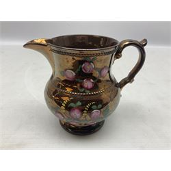 Early 20th century Sunderland lustre jug, decorated with transfer Masonic scene and poem 'The World is in Pain/Our Secrets to Gain/But Still Let Them Wonder and Gaze/The Never Can Divine/The World Nor The Sign/Of a Free and Accepted Mason', the reverse decorated with Sunderland River Wear cast iron bridge scene below text (a/f), together with a copper lustre jug, and pink lustre bowl, jug H20cm