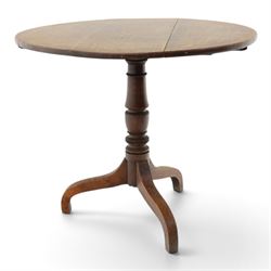 George III country oak tilt-top tripod table, circular snap-top on turned vasiform pedestal with three splayed supports