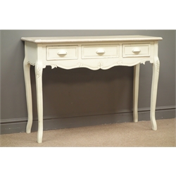  Painted French style side table, three drawers, shaped apron, fleur de lis carved cabriole legs, W110cm, H80cm, D39cm  