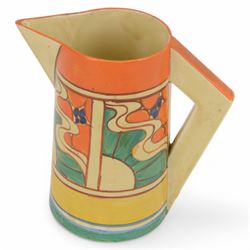 Clarice Cliff, Orange Sunrise pattern, jug circa 1930, of Odilon form, with printed Fantasque mark beneath, H18cm