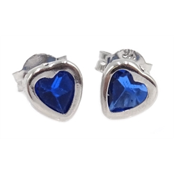  Pair of 9ct white gold blue stone, heart shaped stud earrings, stamped 9K  