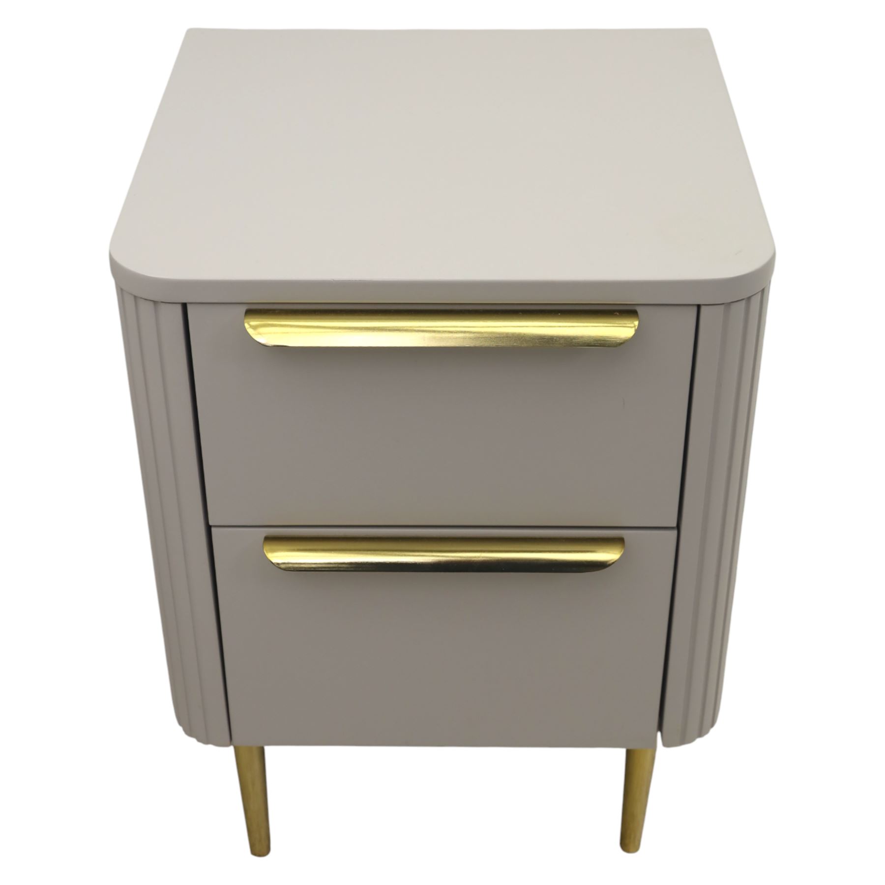 Made.com - 'Ebro' pair of grey bedside chests, gold painted metal shaped handles, rounded corners with fluted detail, raised on gold painted metal tapered supports