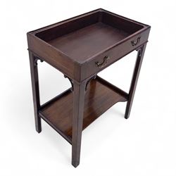 Living room items, comprising an 18th century design mahogany tray top table, the removable tray with shaped gallery, brass carrying handles and undertier stand, together with a French side chair with upholstered seat and X-stretcher base (Table H 74cm, W 54cm, D 36cm, chair H 94cm, W 41cm, D 42cm)