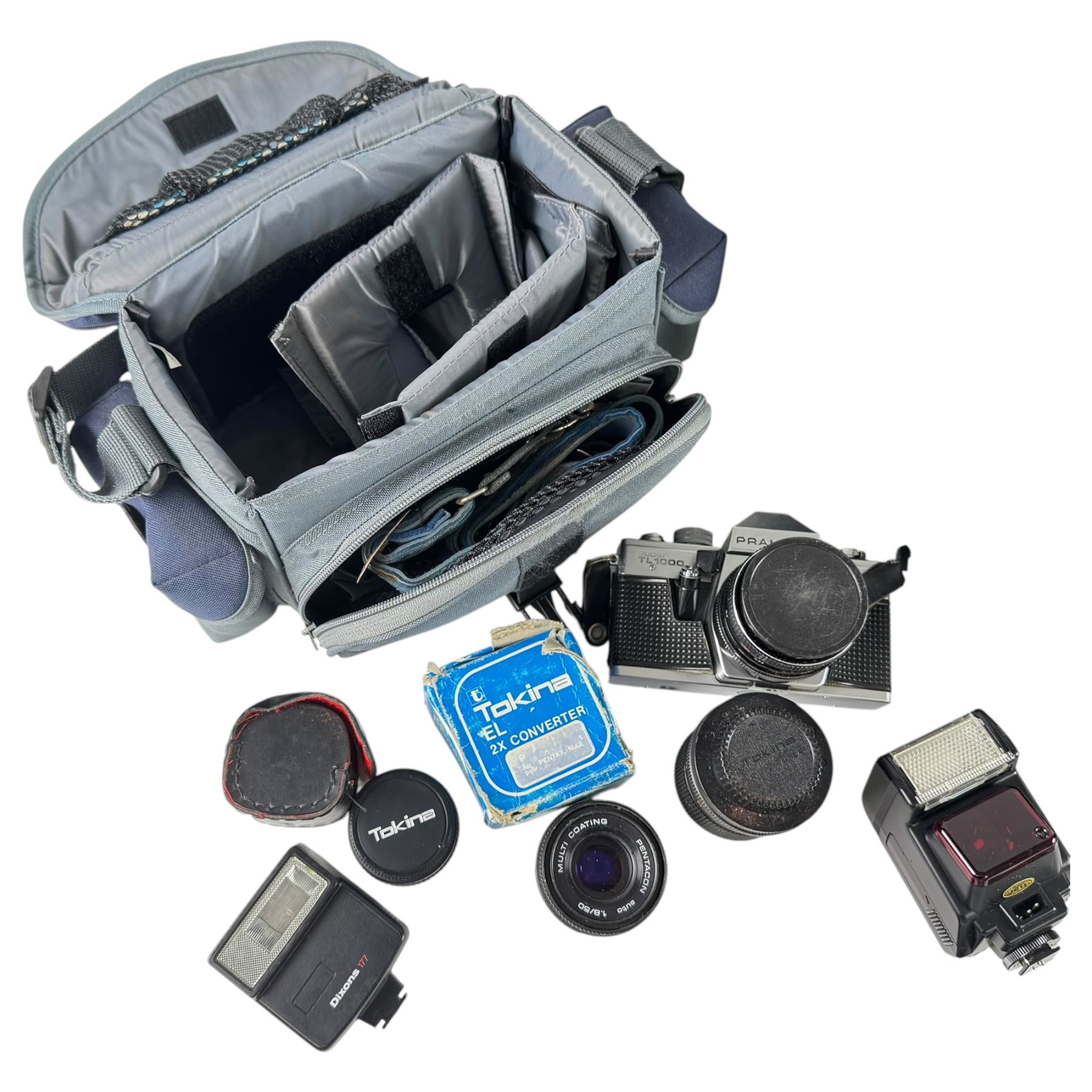 Nikon F50 and  Praktica TL1000 camera bodies, together with lenses and accessories, including Nikkor AF 35-80mm, Nikkor AF 70-210mm, tripod, carry cases, etc