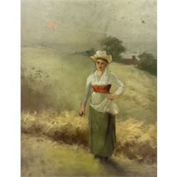 English School (19th century): Country Girl at Dawn, oil on board unsigned, verso William Joseph Boyes (British 1871-1919): 'Woman Feeding Chickens', watercolour signed and dated 1891, 50cm x 39cm