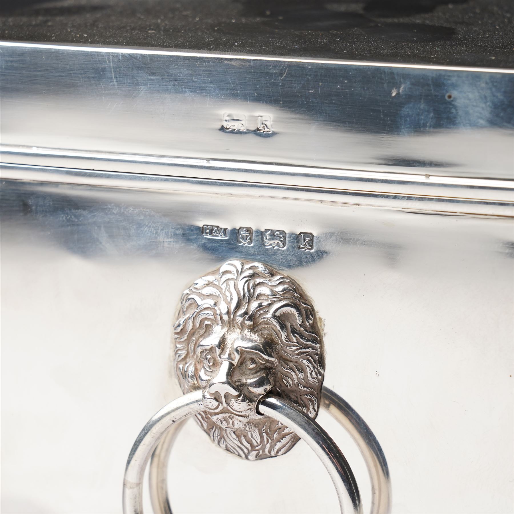 Edwardian silver rectangular cigar box with lion mask ring handles and wooden lined interior 24cm x 15cm x 15cm Birmingham 1909 Maker Horton & Allday 