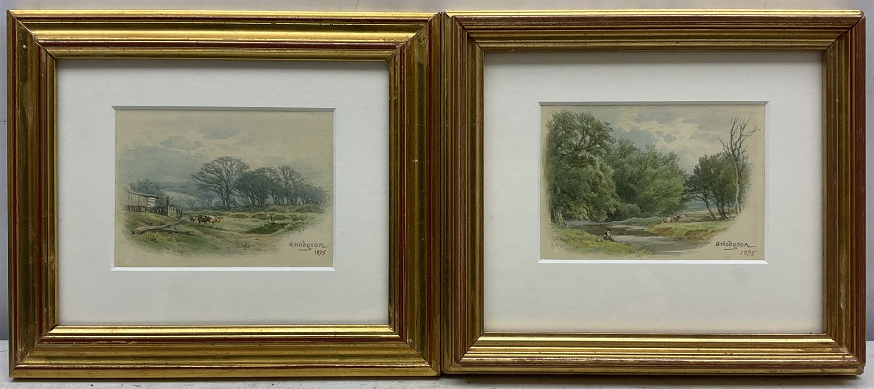 George Hodgson (British 1847-1921): Cattle by a Stream, pair watercolours signed and dated 1895, 8cm x 11cm (2) 
Notes: born in Nottingham, Hodgson lived in Grange-over-Sands and was a member of the Nottingham Society of Artists, acting as Vice-President 1908-1917. He exhibited many works at the Nottingham Castle Museum, the Royal Academy, Royal Birmingham Society of Artists, and Royal Society of British Artists.