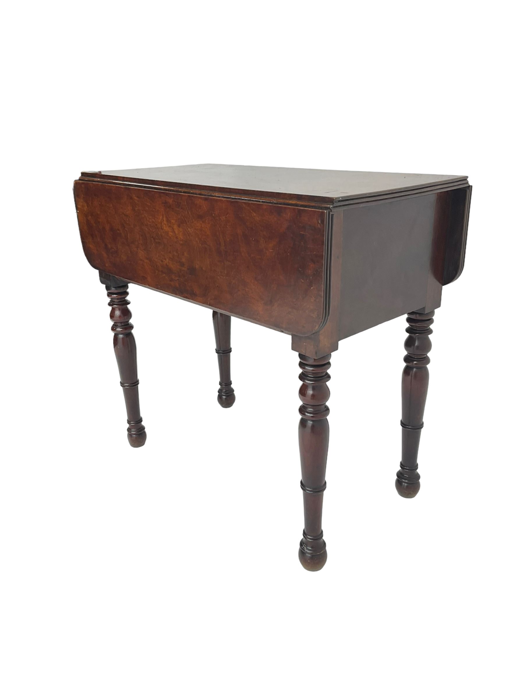 19th century walnut drop leaf side table, rectangular top with reeded edge, fitted with secret compartment with button action, leaf functions as hinged door enclosing cupboard, raised on turned supports