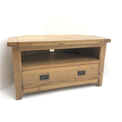  Light oak corner television stand, single drawer, stile supports, W102cm, H56cm, D51cm  