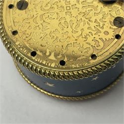 Bueche Girod silver-gilt and enamel novelty miniature clock, with a band of gilt moon and star decoration upon a deep blue enamel ground, with enamel and gilt foliate dial, with musical mechanism playing happy birthday, D2.7cm, in suede pouch