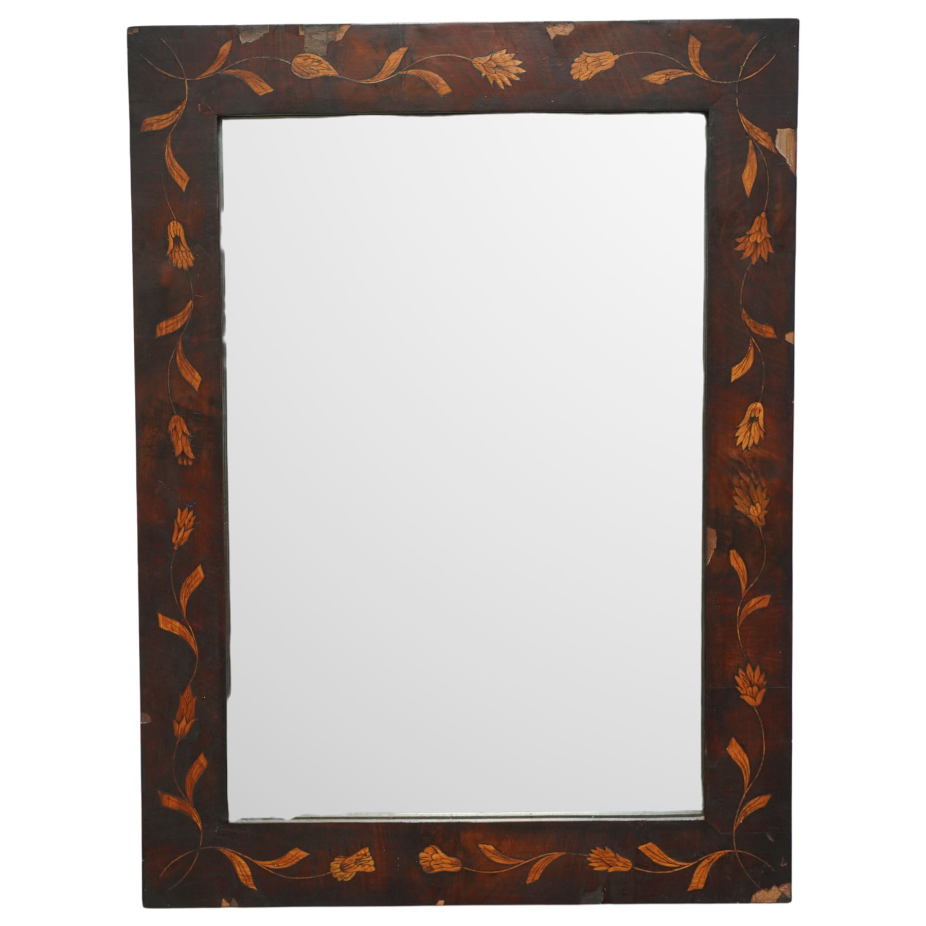 19th century rectangular mahogany framed wall mirror, decorated with Dutch style trailing floral marquetry 
