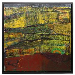 Gillian Ross Kelsey (British 1935-2025): 'Mountain Spirits', mixed media on board unsigned, titled on label verso 77cm x 77cm