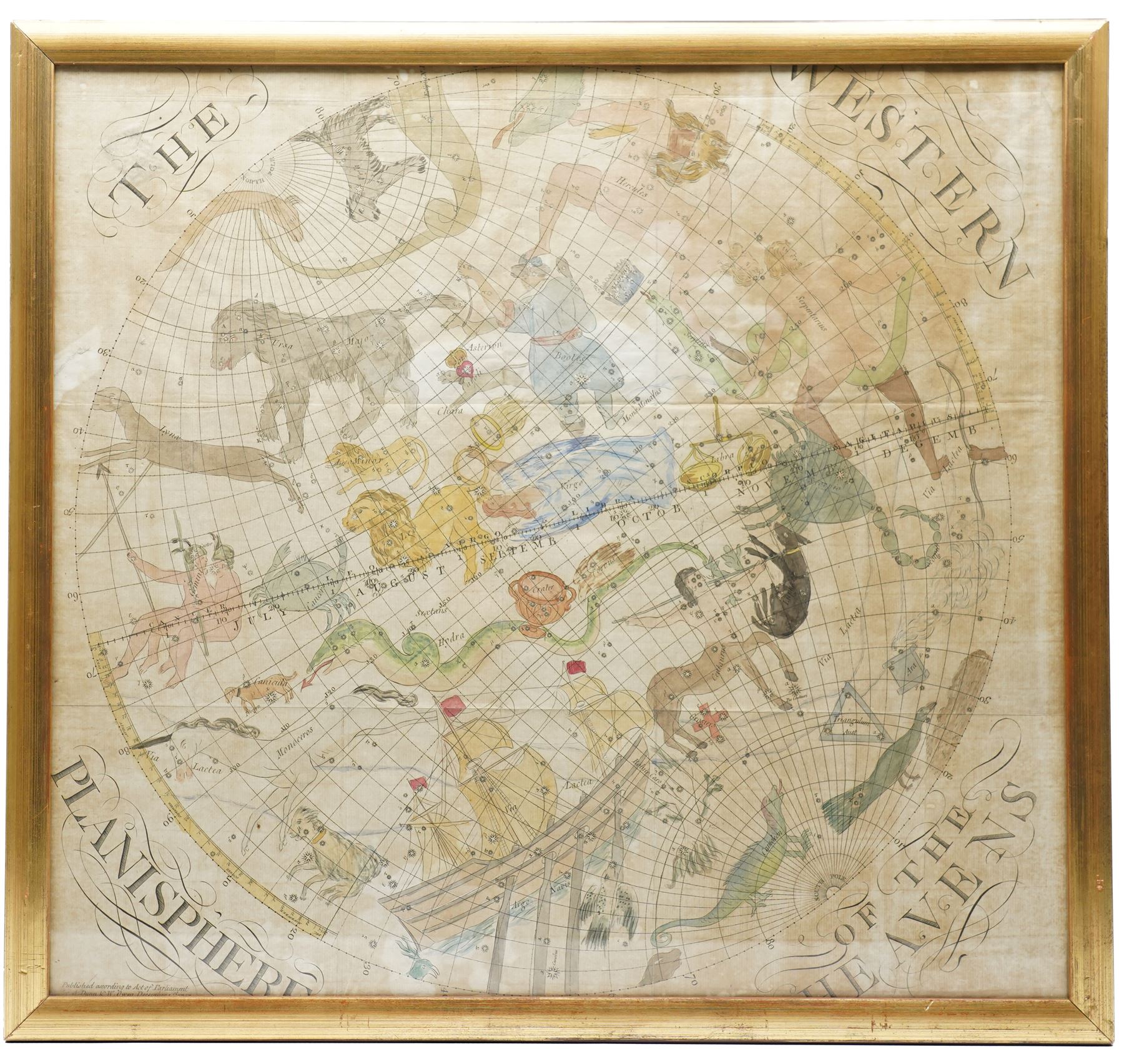 Samuel Dunn (British 1723-1794): 'The Western Planisphere of the Heavens', 18th century engraved constellation map or chart with hand-colouring pub. W Owen c.1757, 53cm x 57cm