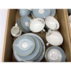 Royal Doulton Rose Elegans pattern part tea and dinner service, in include teapot, two coffee pots, milk jug, hot water jug, eleven dinner plates, covered tureen, meat platter etc, in two boxes