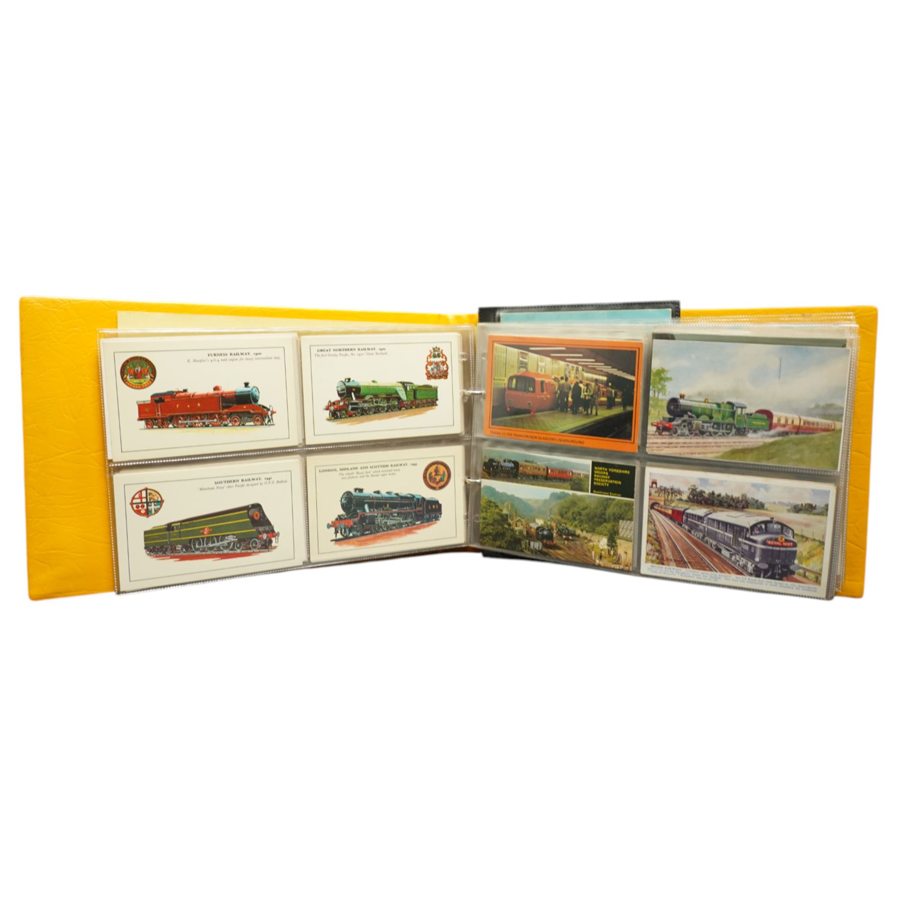 Postcard album of railway cards, another of aeroplanes and ships and an album of Stengal and other German cards