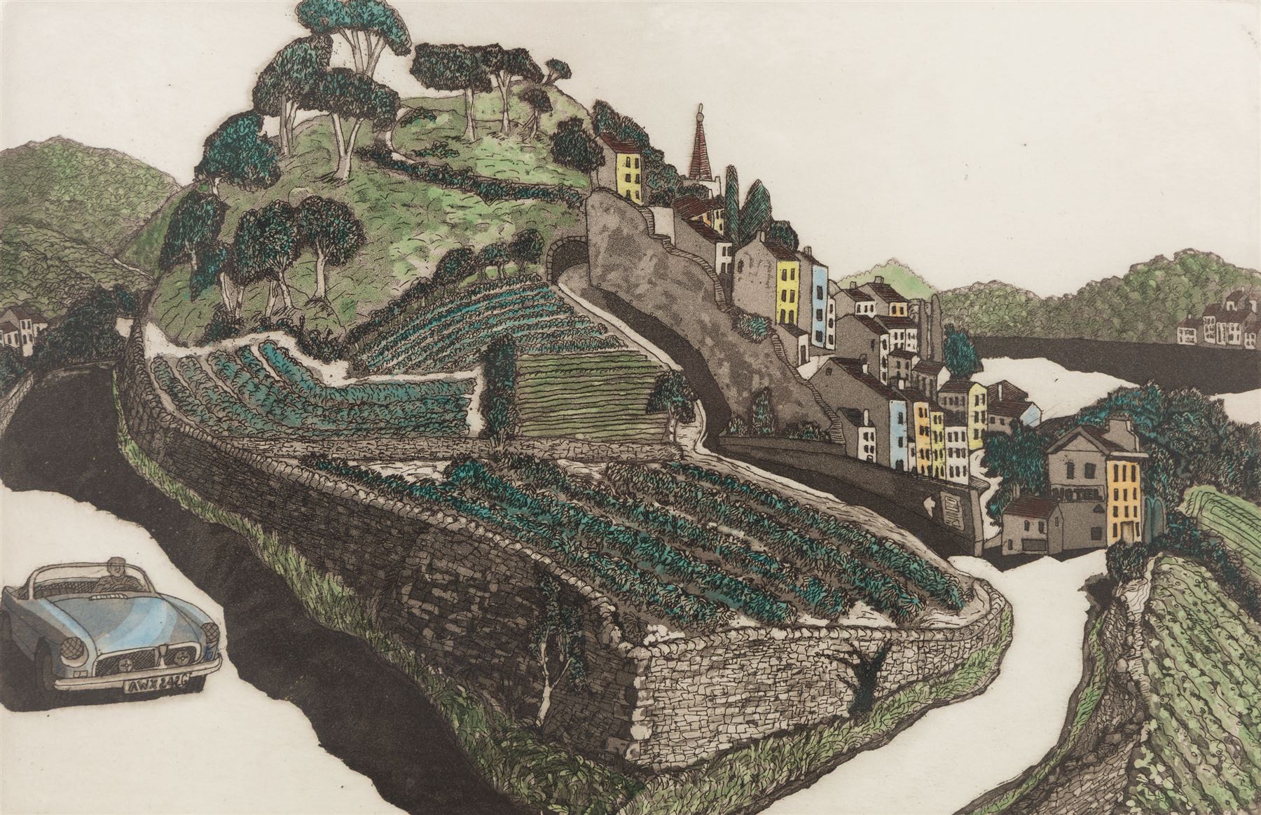 Michael Atkin (Scarborough 1952-): 'Continental Adventure', limited edition coloured etching signed titled and numbered 8/60 in pencil, 23cm x 37cm 