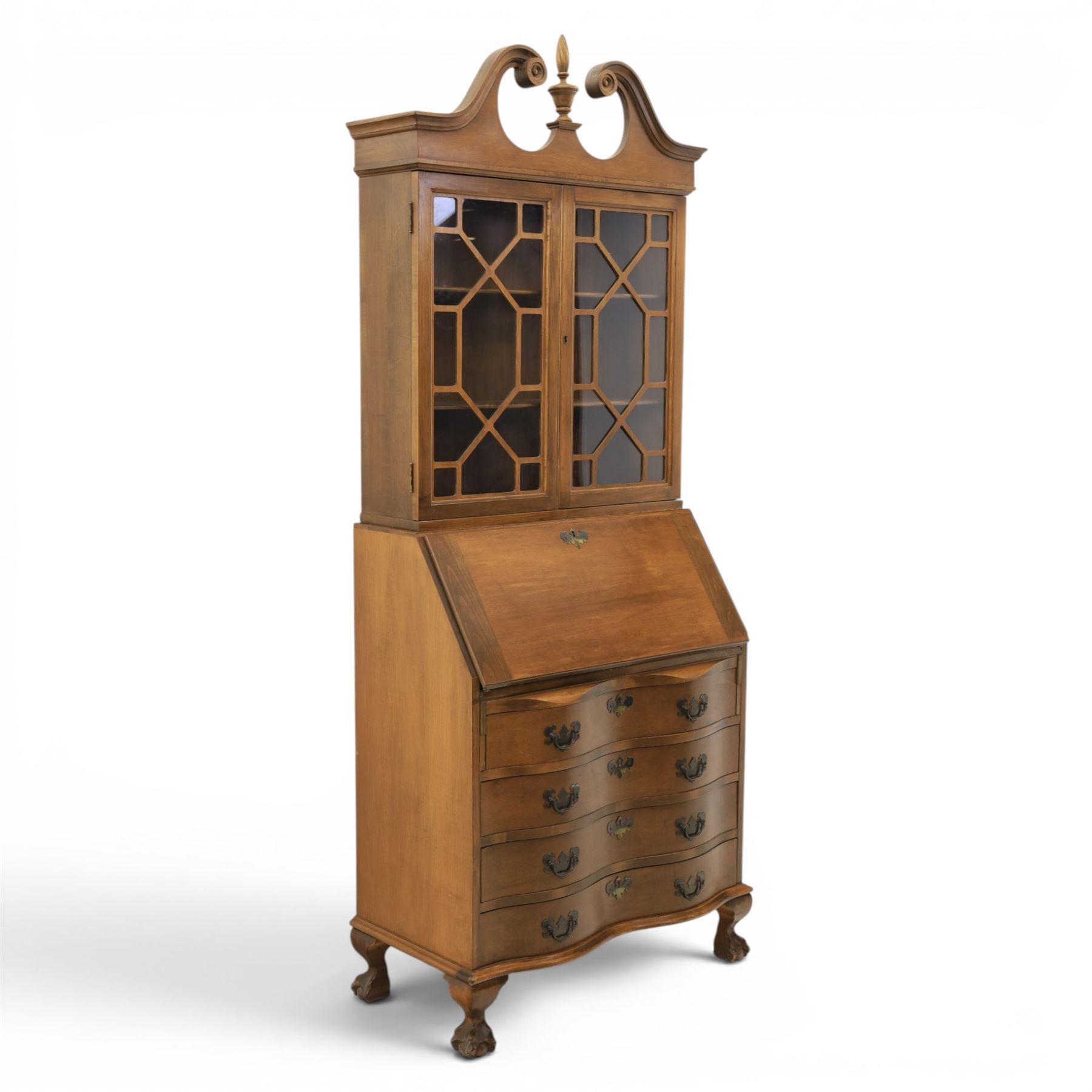 Maddox of Jamestown New York - Georgian design mahogany bureau bookcase, broken arch pediment with central finial, astragal glazed bookcase, above a fall front writing slope with fitted interior, four serpentine drawers, raised on claw on ball feet 