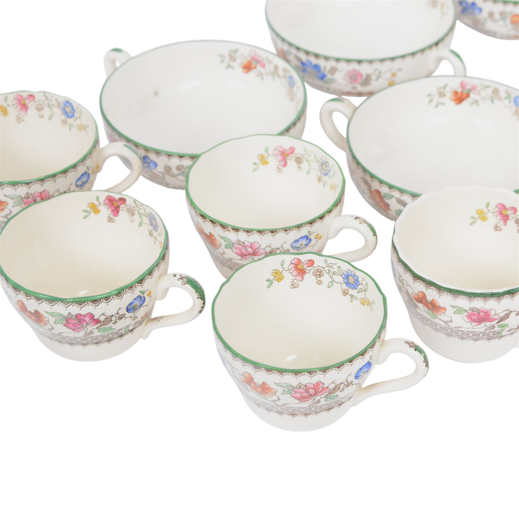 Spode Chinese Rose dinner service, including fourteen dinner plates, twelve side plates, teapot, milk jug, covered butter dish, serving platters etc 