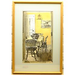 Barry E Carter (Northern British 20th century): 'Interior', watercolour and ink signed with initials, titled on artist's Humberside address label verso 47cm x 27cm