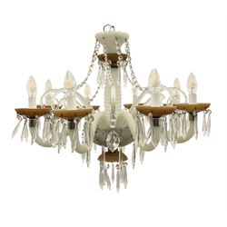 Eight branch milk glass chandelier, the ribbed central stem with eight wrythen twist scrolling branches and amber glass drip trays, with further decorative scrolling branches extending to frosted glass bowl above amber glass dome, with lustre droppers and chains throughout H approx 48cm excl bottom droppers