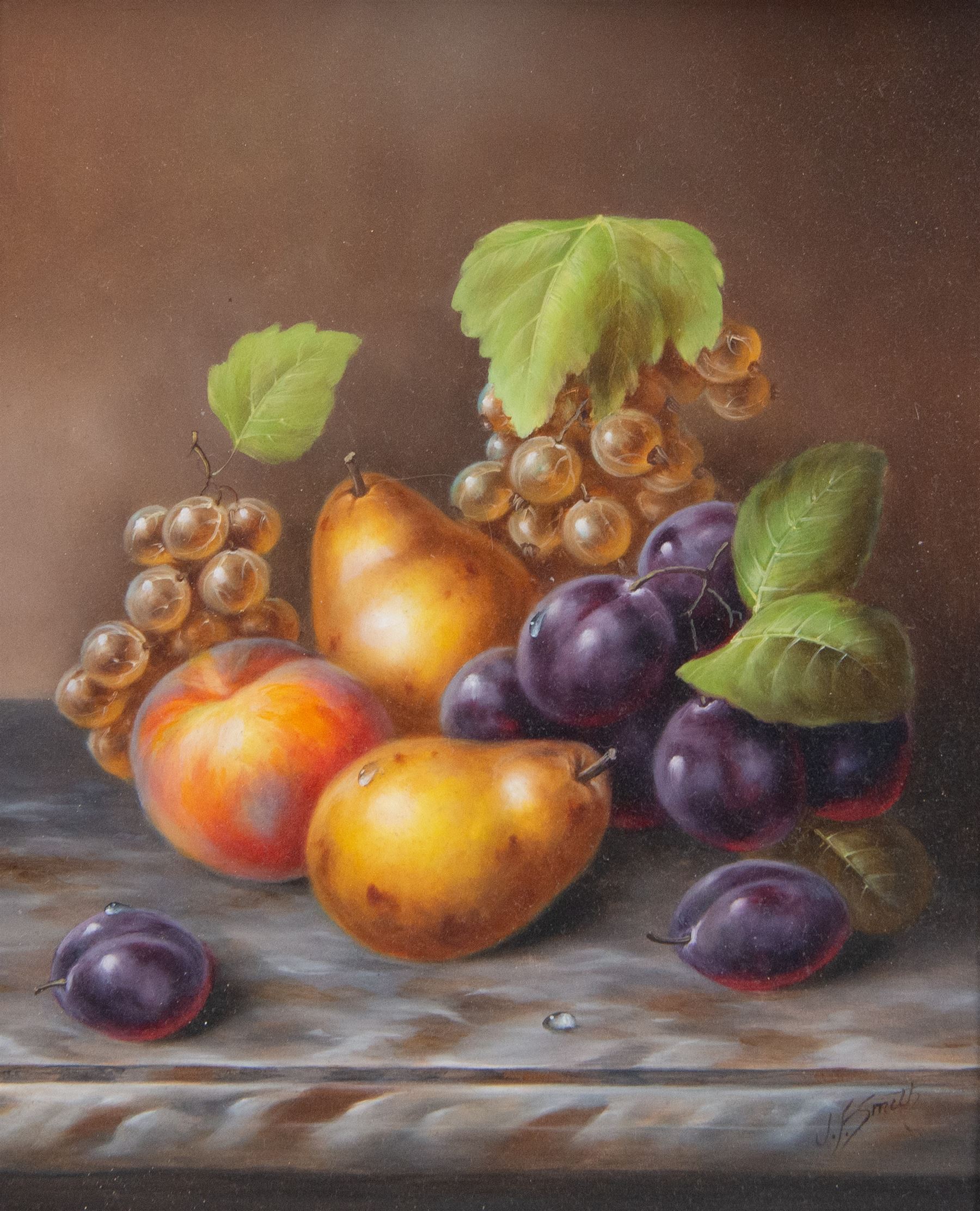John F Smith (British 1934-): Still Life of Fruit, pair oils on board signed 29cm x 24cm
Notes: Smith was employed by Royal Worcester as a fruit painter between 1950 and 1971.