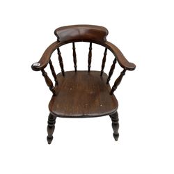 20th century elm and beech Captain’s elbow chair, dished seat on turned supports joined by double H stretcher 