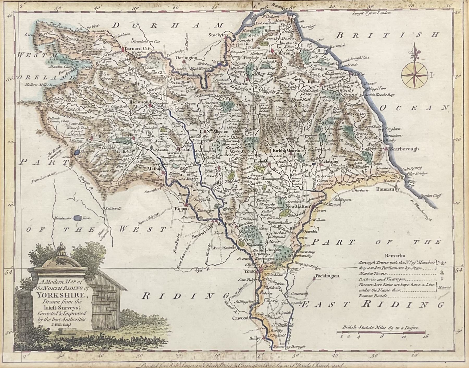 Joseph Ellis (British 18th century): 'A Modern Map of the West Riding of Yorkshire' and 'A Modern Map of the North Riding of Yorkshire', pair 18th century engraved maps with hand-colouring 20cm x 24cm (2)