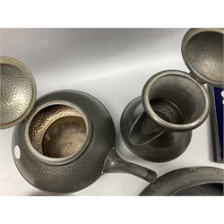 Selection of pewter wares including Culfonia tea wares, together with a cased set of butter knives 