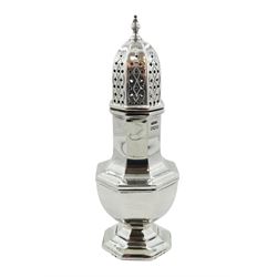 1930's silver caster, of octagonal baluster form, with pierced domed cover, hallmarked Collingwood & Sons Ltd, Sheffield 1936, H18cm, approximate weight 5.65 ozt (176 grams)
