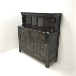 Priory oak court cupboard sideboard, raised back with two lead display doors above two drawers and two cupboards, stile supports, W123cm, H126cm, D45cm