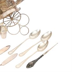 Silver cutlery comprising three teaspoons and two butter knives, a silver handled hook and a silver plated Chinese rickshaw cruet