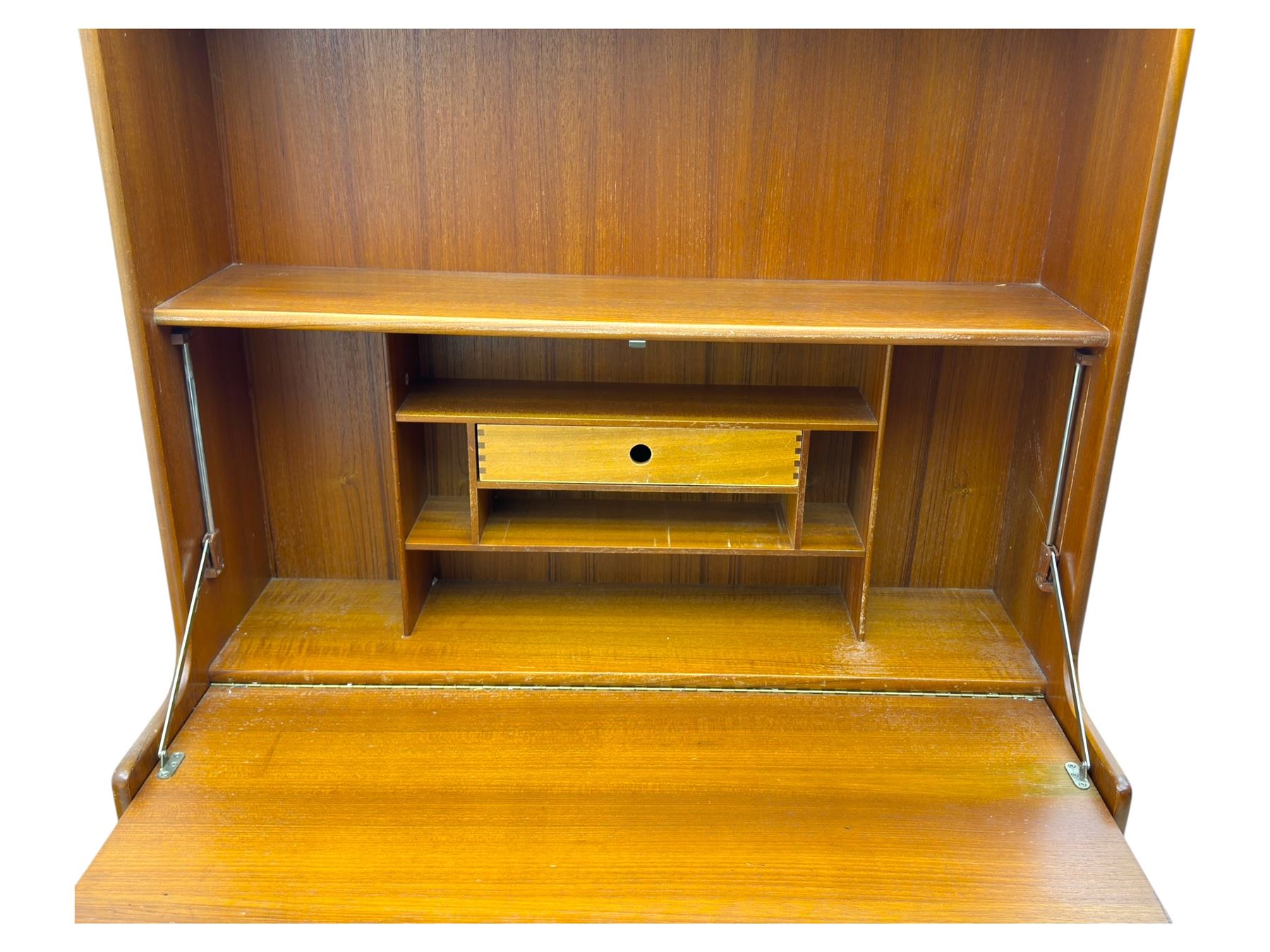 Nathan - teak wall unit and corner TV unit, bookcase unit with fixed shelves, locking fall front writing surface and twin door base with recessed panels(H 194cm, W 102cm, D 45cm), along with a matching angled corner TV cabinet with cupboard and side shelving (H 51cm, W 91cm, D 48cm)