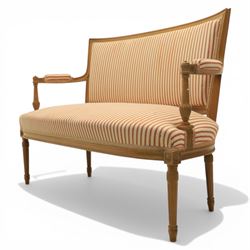 20th century Louis XVI style beech salon suite, comprising settee and four chairs, the settee with shaped rectangular back and upholstered arms over a shaped seat, the chairs with rectangular backs and overstuffed seats, each upholstered in striped fabric with close-nailed borders, upon fluted tapering supports headed by carved paterae, terminating in toupie feet, chairs H89cm W47cm