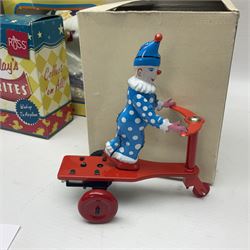Twenty six tinplate models to include Ferris Wheel and Performing Circus Elephant, marked JW, further similar examples such as Duck on a Bike, Clown on Roller, Carousel; Popeye Tin Speedboat; Looney Tunes Wind Up Cars and Express Train; various international examples, MS107 Jumping Bambi, Pop Pop Boat, jumping frogs, pecking chickens etc; both boxed and loose
