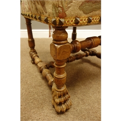 Pair Victorian walnut framed hall chairs, with brass nailed upholstered needlework back and seats, turned supports with bobbin stretchers and claw feet (2)  
