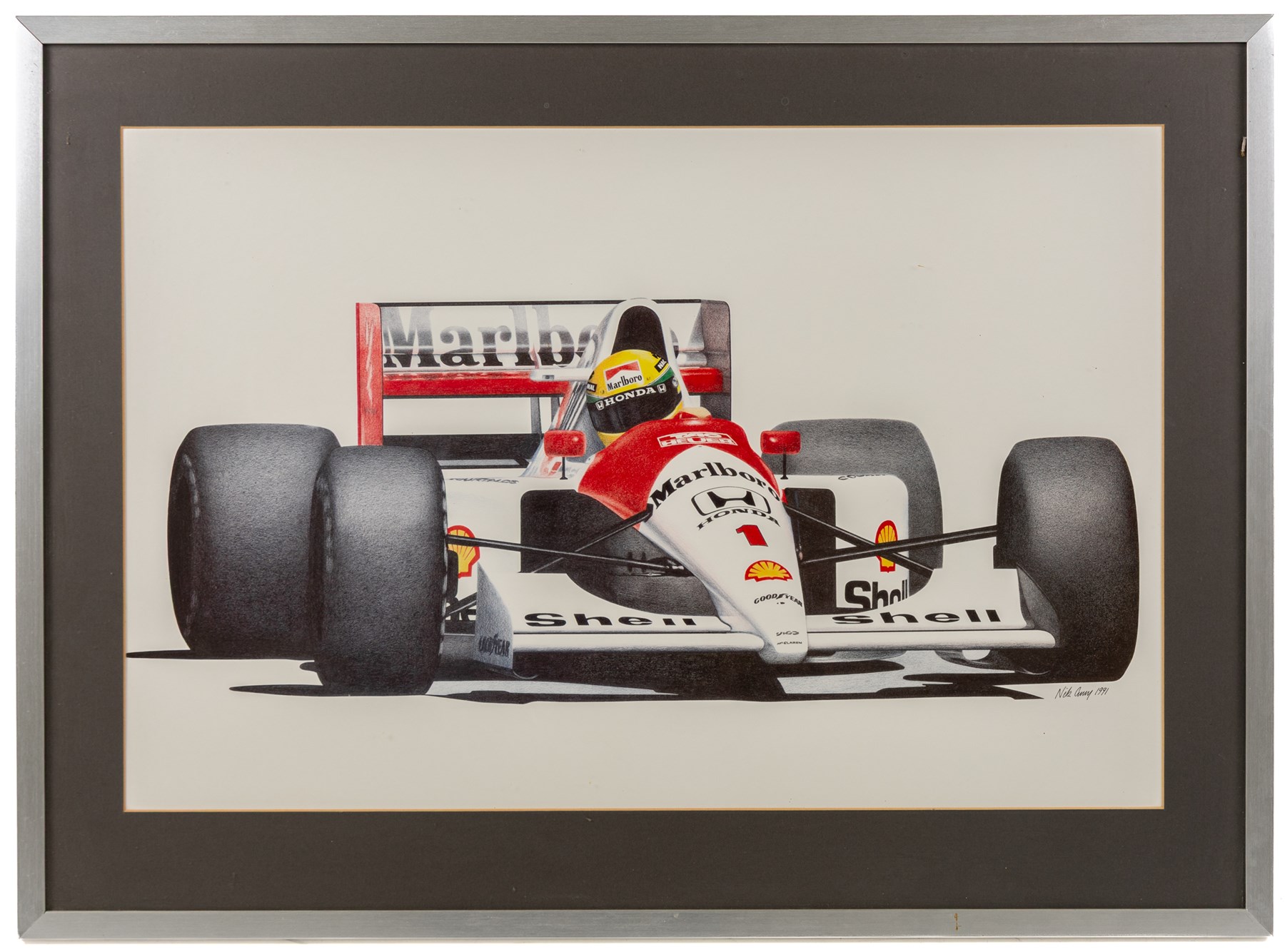 Four Formula 1 racing prints by Nik Curry, including a signed limited edition example, all within silver frames, H38cm, W59cm