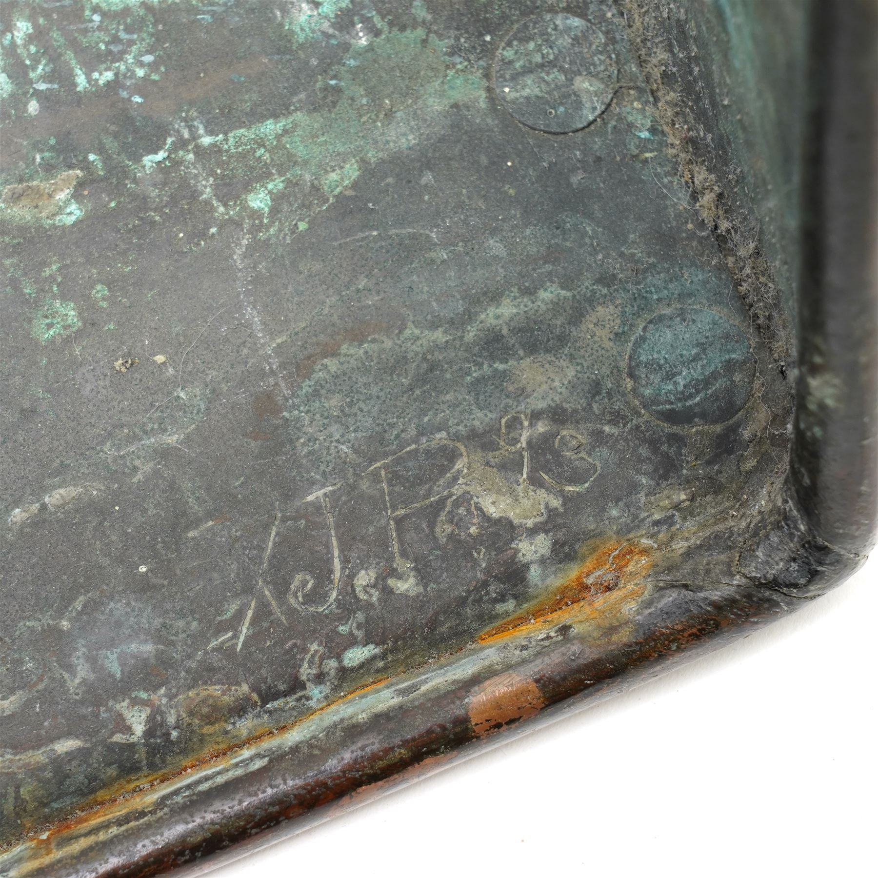 Arts & Crafts period copper fireplace hood by John Pearson, decorated with stylised roundels, signed verso, W77cm