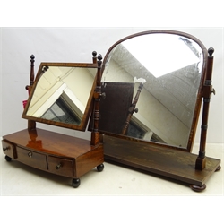  Victorian mahogany dressing table mirror, turned supports, bow front base with three drawers, H57cm x W52cm & Victorian mahogany swing mirror, with painted frame, turned supports, rectangular base on bun feet, H70cm x W73cm   