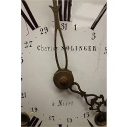  20th century French comtoise wall hanging clock, embossed metal cresting with enamel dial signed 'Charles Solinger, a Niort'  
