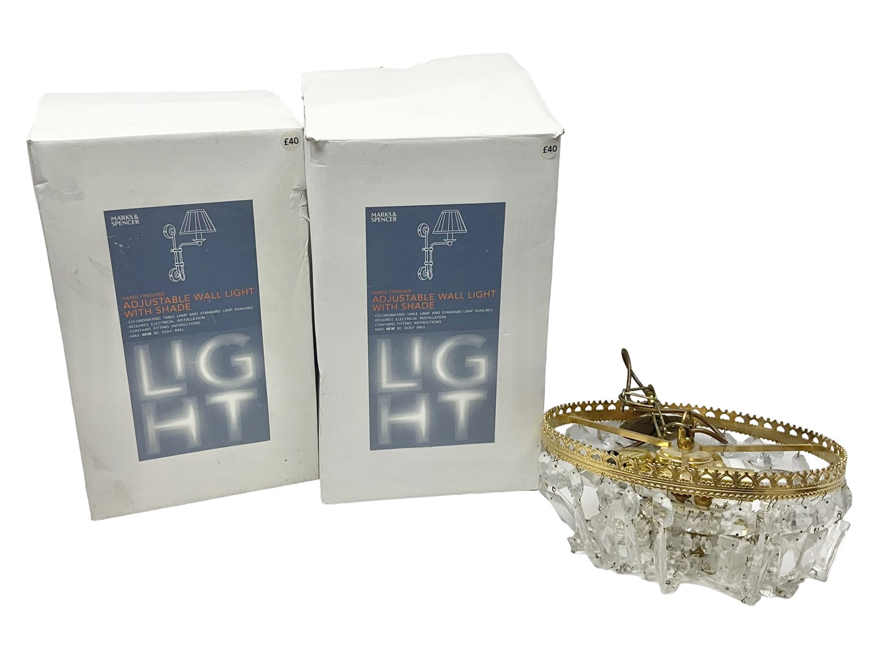 Pair of Marks and Spencer adjustable wall lights, together with a glass chandelier