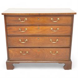 George III mahogany chest, rectangular top over four long cock-beaded drawers, fitted with brass swan neck handles and circular plates, lower moulding over bracket feet 