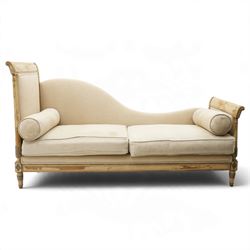 19th century French painted day bed, asymmetrical scrolled ends flanking a serpentine upho...