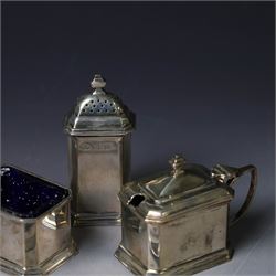 1930s silver three piece cruet set, comprising pepper shaker, open salt and mustard pot, with two matched silver spoons, together with a set of 1930s silver teaspoons, all cased and hallmarked
