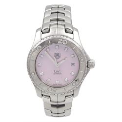 Tag Heuer Link ladies stainless steel quartz wristwatch, Ref. WJ131C-1, pink mother of pearl pink and diamond dial, boxed with papers