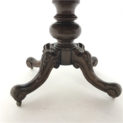  Victorian mahogany oval Loo table, moulded figured tilt top on vase turned column support with four leaf carved cabriole legs, brass socket and castors, W137cm, D108cm, H76cm  