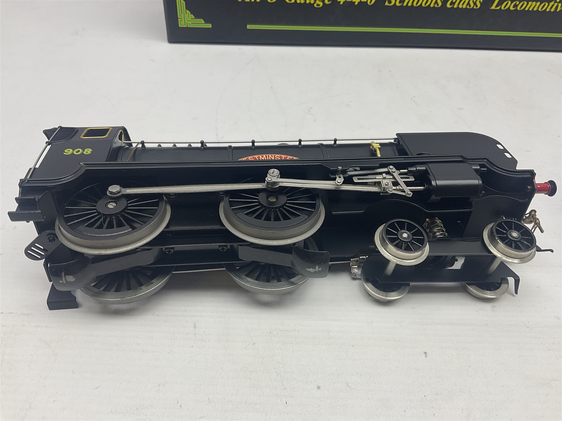 Ace Trains '0' gauge - E/10 Schools Class 4-4-0 locomotive 'Westminster' No.908 and tender in SR Wartime black; boxed with instructions, original packaging and invoice dated 26/09/2012 in outer delivery box