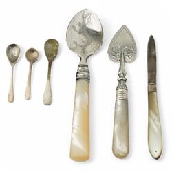 Set of six Edwardian silver coffee spoons London 1902 Maker Josiah Williams & Co, various other silver teaspoons, preserve spoons with mother of pearl handles, silver and mother of pearl fruit knife, early 19th century punch ladle, unmarked, etc