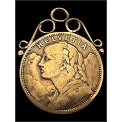 1920s Swiss gold coin with soldered gold plated pendant mount