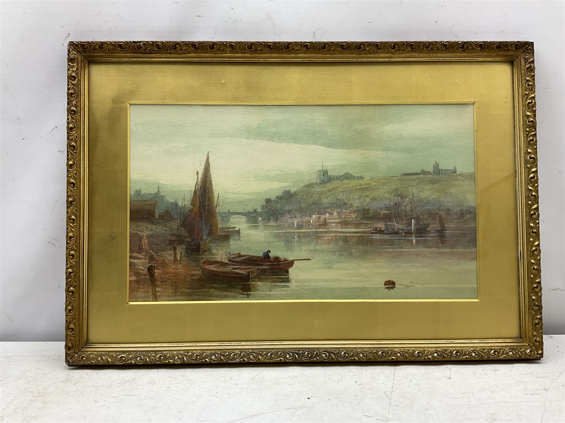 Miss M Freeman Kempson (Scottish exh.1880-1911): Fishing Boats in the Upper Harbour Whitby, watercolour signed 25cm x 44cm