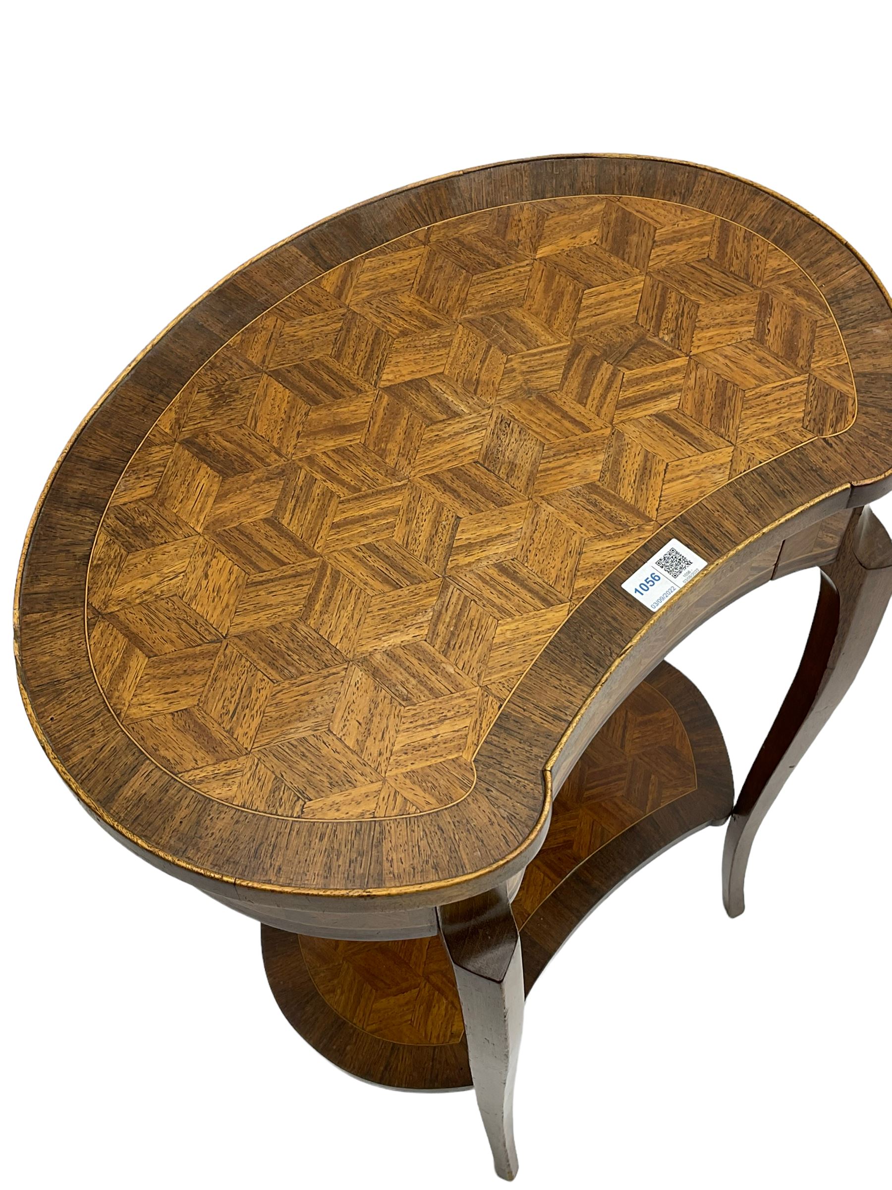 French style walnut parquetry kidney shaped table, fitted with frieze drawer, on cabriole supports united by undertier